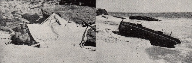 Eb la imagen de la izquierda el campamento en la playa onubense con Mario con graves problemas en su pierna iaquierda y en la fotografía de la derecha la dorna varada en la playa de Barbate